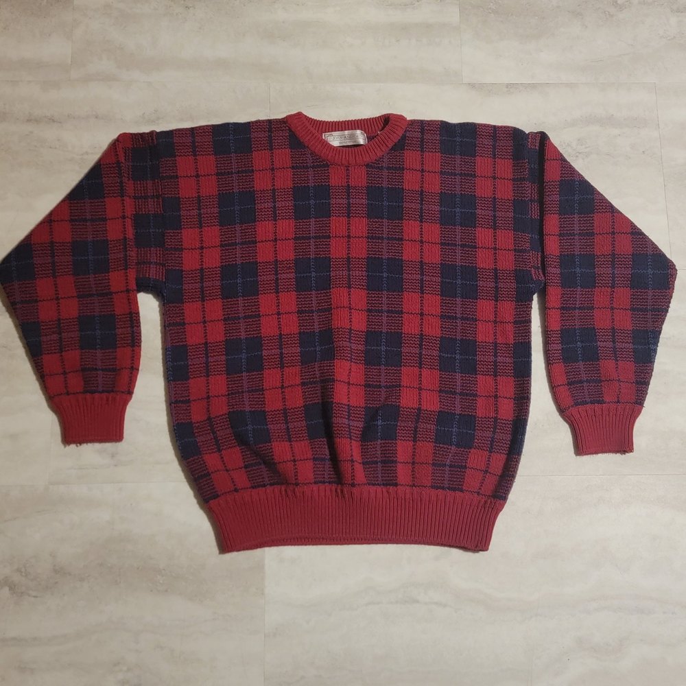 John Ashford 100% Cotton Mens Knit Crewneck Red and Blue Sweater Large